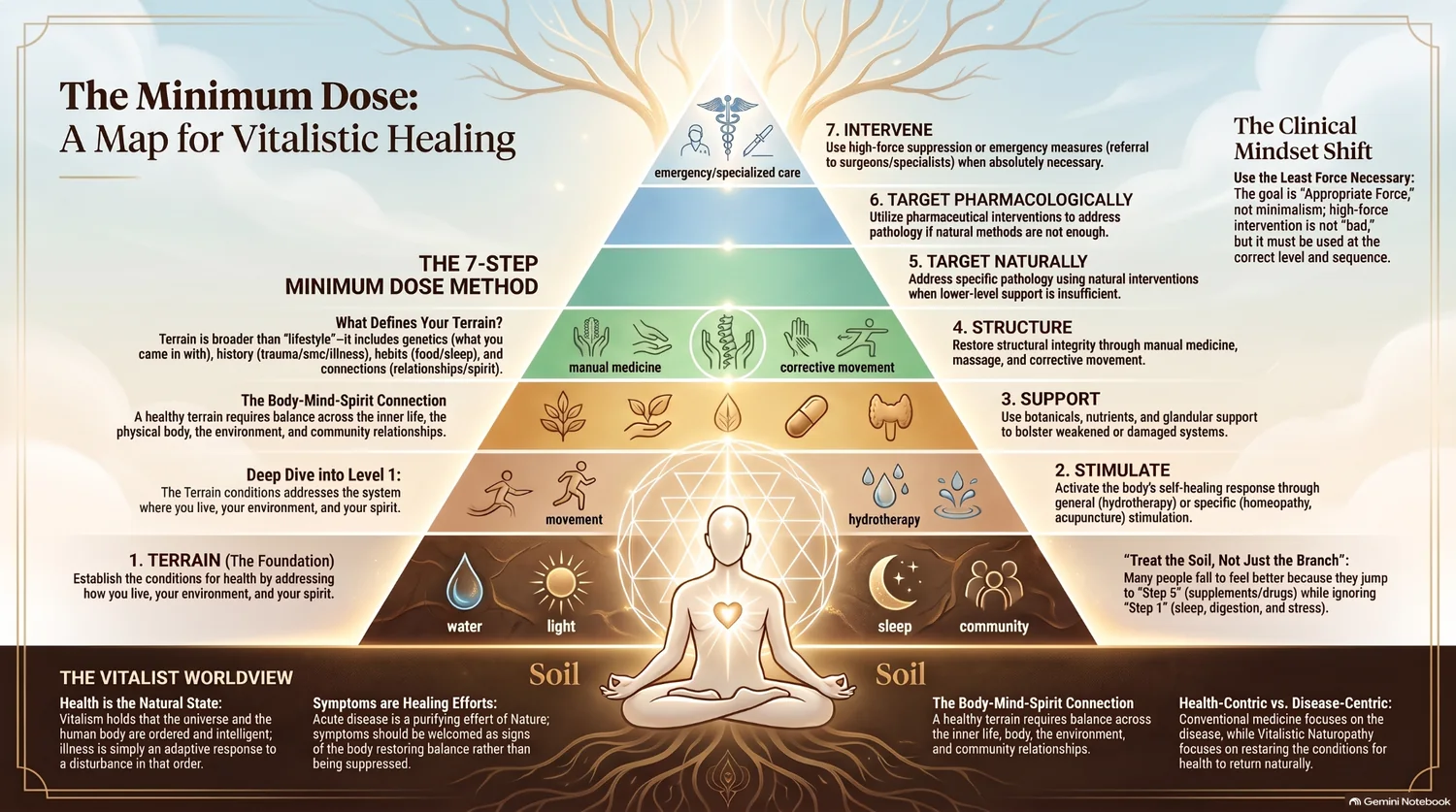 The Minimum Dose: a map for vitalistic healing, showing seven levels from terrain at the base to emergency care at the top
